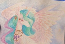 Size: 1193x810 | Tagged: safe, artist:owlclare, princess celestia, alicorn, pony, g4, ear piercing, earring, female, jewelry, mare, necklace, piercing, solo, spread wings, traditional art, wings