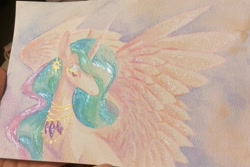 Size: 1205x804 | Tagged: safe, artist:owl_clare, princess celestia, alicorn, pony, g4, ear piercing, earring, female, jewelry, mare, necklace, piercing, solo, spread wings, traditional art, wings