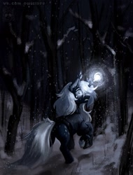 Size: 1560x2048 | Tagged: safe, artist:owlclare, oc, oc only, pony, unicorn, clothes, forest, hair over one eye, horn, looking back, magic, nature, outdoors, scared, snow, snowfall, solo, sweater, tree