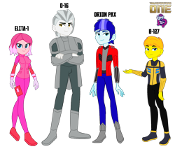 Size: 2468x2104 | Tagged: safe, artist:robertsonskywa1, equestria girls, g4, armor, b-127, bumblebee (transformers), clothes, d-16, elita-1, equestria girls-ified, female, male, megatron, optimus prime, orion pax, photo, simple background, smiling, suit, teenager, transformers, transformers one, transparent background