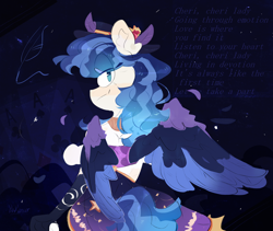 Size: 3550x3000 | Tagged: safe, artist:pakmur, oc, oc only, oc:star shard, pegasus, anthro, abstract background, blue hair, clothes, colored wings, dress, ear fluff, female, gloves, jewelry, looking at you, smiling, smiling at you, solo, wings