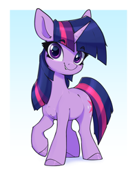 Size: 1653x2072 | Tagged: safe, artist:aquaticvibes, twilight sparkle, pony, unicorn, g4, female, gradient background, grin, horn, looking at you, mare, passepartout, raised hoof, sharp horn, smiling, smiling at you, solo, unicorn twilight