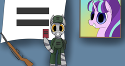 Size: 4096x2160 | Tagged: safe, artist:suryfromheaven, starlight glimmer, zebra, g4, banner, book, cape, clothes, equal cutie mark, equalized, gun, propaganda, propaganda poster, rifle, s5 starlight, stripes, uniform, uniform hat, weapon