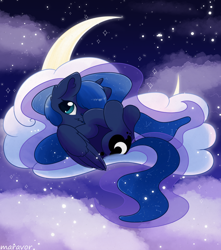 Size: 1500x1700 | Tagged: safe, artist:maravor, princess luna, alicorn, pony, g4, cloud, constellation hair, crescent moon, ethereal mane, female, lying down, mare, moon, night, night sky, on back, sky, solo, starry mane, stars, tangible heavenly object