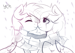 Size: 3500x2500 | Tagged: safe, artist:kristina, oc, alicorn, earth pony, pegasus, pony, unicorn, clothes, commission, couple, duo, horn, scarf, shared clothing, shared scarf, ych sketch, your character here