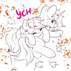 Size: 1280x1280 | Tagged: safe, artist:kristina, oc, pony, any race, autumn, butt, commission, couple, cuddling, cute, duo, horn, hug, lying down, on side, plot, ych sketch, your character here