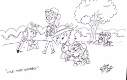 Size: 2871x1799 | Tagged: safe, artist:newportmuse, fluttershy, izzy moonbow, princess luna, sunset shimmer, twilight sparkle, violette rainbow, alicorn, human, pony, equestria girls, g4, g5, 2024, black and white, bush, caddy, canterlot, clothes, country club, cutie mark on clothes, eyes closed, female, filly, foal, folded wings, generational ponidox, golf, golf club, grayscale, grin, hat, human sunset, lidded eyes, looking at someone, looking down, looking up, mare, monochrome, open mouth, open smile, outdoors, shirt, shoes, signature, skirt, smiling, sports, tail, traditional art, tree, twilight sparkle (alicorn), visor, wings, wip