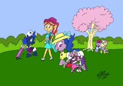 Size: 720x502 | Tagged: safe, artist:newportmuse, fluttershy, izzy moonbow, princess luna, sunset shimmer, twilight sparkle, violette rainbow, alicorn, human, pony, equestria girls, g4, g5, 2024, bush, caddy, canterlot, clothes, country club, cutie mark on clothes, eyes closed, female, filly, foal, folded wings, generational ponidox, glowing, glowing horn, golf, golf club, grin, hat, horn, human sunset, lidded eyes, looking at someone, looking down, looking up, magic, magic aura, mare, open mouth, open smile, outdoors, shirt, shoes, signature, skirt, smiling, sports, tail, telekinesis, tree, twilight sparkle (alicorn), visor, vitiligo, wings