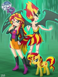 Size: 700x923 | Tagged: safe, artist:uotapo, color edit, edit, editor:overlord 2, sunset shimmer, demon, human, pony, unicorn, equestria girls, g4, bare shoulders, boots, clothes, female, horn, human coloration, human ponidox, jacket, light skin, light skin edit, logo, looking at you, mare, op is a duck, self paradox, self ponidox, shoes, signature, skin color edit, skirt, sleeveless, smiling, smiling at you, smug, smug smile, spread wings, strapless, sunset satan, triality, wings