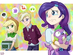 Size: 1000x750 | Tagged: safe, artist:uotapo, color edit, edit, editor:overlord 2, applejack, rarity, spike, trenderhoof, dog, human, equestria girls, g4, choking, clothes, crystal prep academy uniform, female, group, holding a dog, holding a spike, light skin, light skin edit, male, quartet, school uniform, skin color edit, spike the dog