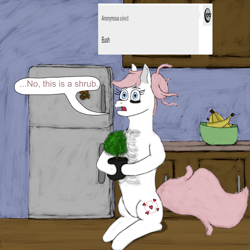 Size: 1200x1200 | Tagged: safe, artist:level4outbreak, nurse redheart, g4, anonymous, ask, banana, food, funny, indoors, kitchen, out of context, plant, refrigerator, shrub, solo, tumblr, tumblr comic