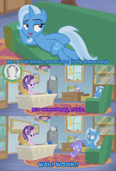 Size: 2001x2942 | Tagged: safe, edit, edited screencap, editor:moonlightshadows, screencap, starlight glimmer, trixie, pony, unicorn, g4, my little pony: friendship is magic, road to friendship, butt touch, carpet, ceiling light, clothes, coach, couch, desk, duo, duo female, female, funny, hat, head on hoof, hoof on butt, hooves on the table, horn, mare, panicking, reference to another series, resting, school of friendship, shrunken pupils, simpsons did it, starlight glimmer is not amused, starlight's office, text edit, trixie's hat, unamused, watermark, window