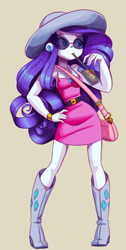 Size: 1514x2997 | Tagged: safe, artist:shadowhawx, rarity, human, equestria girls, g4, beige background, boots, bubble tea, clothes, dress, drink, drinking, drinking straw, female, hand on hip, hat, high res, purse, shoes, simple background, solo, sun hat, sunglasses