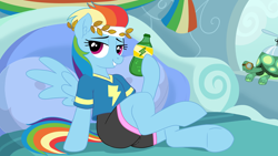 Size: 3840x2160 | Tagged: safe, artist:pusspuss, rainbow dash, tank, pegasus, pony, tortoise, semi-anthro, g4, bed, bedroom, bedroom eyes, duo, female, headband, looking at you, mare, pillow, pony waifu sim, workout outfit