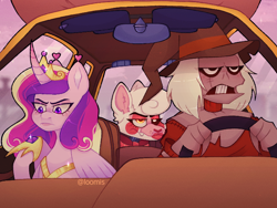 Size: 720x540 | Tagged: safe, artist:loomiiis, princess cadance, alicorn, pony, g4, batman the animated series, car, crossover, driving, female, five nights at freddy's, goofy movie meme, male, mangle, mare, the scarecrow (dc), trio