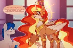 Size: 1945x1279 | Tagged: safe, artist:loomiiis, princess celestia, alicorn, earth pony, pony, g4, alternate design, armlet, duo, duo male and female, ear piercing, earring, female, halo, implied drug use, indoors, intentional spelling error, jewelry, male, mare, master chief and luna hanging out, meme, neck rings, piercing, speech bubble, stallion, stripes