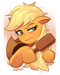 Size: 2525x3134 | Tagged: safe, artist:maren, applejack, earth pony, pony, g4, applejack's hat, brush, brushing, cowboy hat, cute, female, freckles, grooming, hairbrush, hat, high res, jackabetes, mare, messy mane, morning ponies, solo