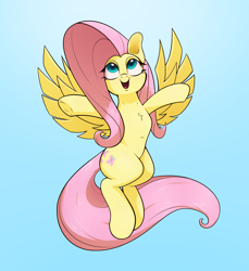 Size: 2200x2400 | Tagged: safe, artist:aquaticvibes, fluttershy, pegasus, pony, g4, chest fluff, cute, female, flying, front view, full face view, gradient background, high res, hooves out, looking up, mare, open mouth, open smile, shyabetes, smiling, solo, spread wings, tail, wings