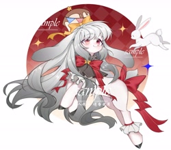 Size: 5332x4687 | Tagged: safe, artist:tingfengshengshunjian, oc, oc only, hybrid, original species, pony, rabbit, rabbit pony, abstract background, animal, black hooves, bow, bowtie, crown, cute, duo, female, floppy ears, gray mane, jewelry, long ears, long haair, lop ears, mare, mare oc, necktie, ocbetes, pretty, red eyes, regalia, smiling, white coat