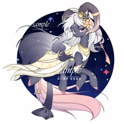 Size: 5000x5000 | Tagged: safe, artist:tingfengshengshunjian, oc, oc only, pony, abstract background, beautiful, cloak, clothes, eyeshadow, female, full body, gradient hair, gradient mane, horns, jewelry, long hair, long mane, long tail, makeup, mare, mare oc, pink eyes, pink eyeshadow, ram horns, smiling, solo, tail, white hair, white mane