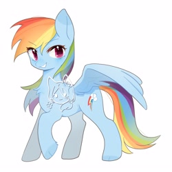 Size: 5000x5000 | Tagged: safe, artist:tingfengshengshunjian, rainbow dash, pegasus, pony, g4, blue coat, concave belly, female, full body, grin, mare, multicolored hair, obtrusive watermark, pink eyes, rainbow hair, rainbow tail, raised hoof, signature, simple background, smiling, solo, standing, tail, teeth, watermark, white background