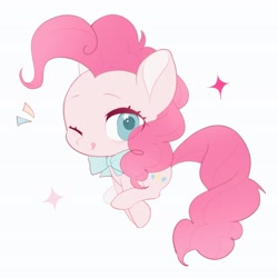 Size: 3307x3307 | Tagged: safe, artist:tingfengshengshunjian, pinkie pie, earth pony, pony, g4, :p, blue bow, blue eyes, bowtie, chibi, cute, diapinkes, female, full body, licking, licking lips, mare, necktie, one eye closed, pink coat, pink mane, pink tail, simple background, smiling, solo, sparkles, tail, tongue out, white background, wink