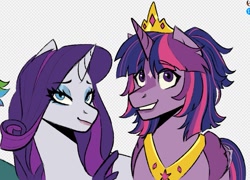 Size: 1173x843 | Tagged: safe, artist:slapearl, rarity, twilight sparkle, alicorn, pony, unicorn, g4, alternate design, bust, duo, duo female, female, front view, golden tiara, grin, horn, jewelry, lesbian, lips, narrowed eyes, purple coat, purple mane, purple tail, ship:rarilight, shipping, smiling, tail, tiara