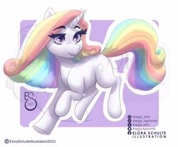 Size: 3362x2782 | Tagged: safe, artist:aegisaplomb, oc, oc only, pony, unicorn, 2023, eye clipping through hair, eyebrows, eyebrows visible through hair, female, horn, mare, multicolored hair, passepartout, rainbow hair, unicorn oc