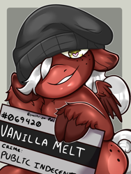 Size: 976x1300 | Tagged: safe, artist:asscadoodle, oc, oc:vanilla melt, pegasus, beanie, female, filly, foal, freckles, hat, mugshot, solo, we don't normally wear clothes, wings