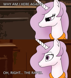 Size: 2000x2194 | Tagged: safe, artist:anonymousandrei, derpibooru exclusive, princess celestia, alicorn, princess molestia, g4, clothes, courtroom, female, horn, implied rape, mare, meme, ponified meme, prison outfit