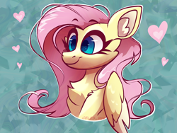 Size: 1600x1200 | Tagged: safe, artist:celes-969, fluttershy, pegasus, pony, g4, abstract background, bust, chest fluff, cute, female, mare, shyabetes, smiling, solo