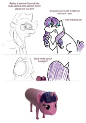 Size: 838x1200 | Tagged: safe, artist:falloutfurret, applejack, rarity, twilight sparkle, earth pony, pony, unicorn, g4, bootleg, comic, dialogue, female, horn, implied discord, mare, simple background, sketch, trio, trio female, water bottle, white background