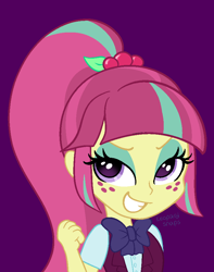 Size: 740x940 | Tagged: safe, artist:leopardsnaps, sour sweet, equestria girls, g4, bow, bust, button-up shirt, clothes, crystal prep academy uniform, determined, eyeshadow, fist, freckles, looking at you, makeup, ponytail, purple background, school uniform, shirt, simple background, smiling, solo, vest