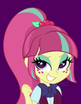 Size: 740x940 | Tagged: safe, artist:leopardsnaps, sour sweet, human, equestria girls, g4, bow, bust, button-up shirt, clothes, crystal prep academy uniform, determined, eyeshadow, fist, freckles, looking at you, makeup, ponytail, purple background, school uniform, shirt, simple background, smiling, solo, vest