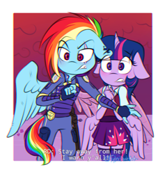 Size: 791x834 | Tagged: safe, artist:tylerdashart, rainbow dash, twilight sparkle, alicorn, pegasus, anthro, g4, the cutie re-mark, alternate timeline, apocalypse dash, blushing, crystal war timeline, duo, duo female, female, floppy ears, lesbian, metal wing, passepartout, prosthetic limb, prosthetic wing, ship:twidash, shipping, twilight sparkle (alicorn), wings