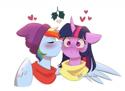 Size: 1600x1172 | Tagged: safe, artist:tylerdashart, rainbow dash, twilight sparkle, pegasus, pony, g4, blushing, cheek kiss, clothes, duo, duo female, eyes closed, female, hat, heart, heart eyes, horn, kissing, lesbian, mare, mistletoe, scarf, ship:twidash, shipping, simple background, white background, wingding eyes, wings