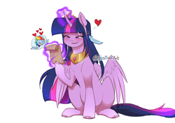 Size: 2836x2000 | Tagged: safe, artist:tylerdashart, rainbow dash, twilight sparkle, alicorn, pony, g4, crown, duo, duo female, feather, female, glowing, glowing horn, heart, horn, jewelry, lesbian, levitation, magic, magic aura, mare, peytral, reading, regalia, scroll, ship:twidash, shipping, simple background, sitting, tail, telekinesis, twilight sparkle (alicorn), white background