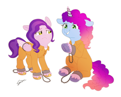 Size: 1560x1250 | Tagged: safe, artist:sion, misty brightdawn, pipp petals, pony, g5, bound wings, chains, clothes, commissioner:rainbowdash69, duo, duo female, female, jumpsuit, nervous, nervous smile, never doubt rainbowdash69's involvement, prison outfit, prisoner, prisoner misty, prisoner pipp, sad, shackles, shirt, simple background, smiling, teary eyes, underhoof, undershirt, white background, wings