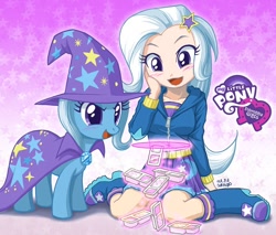 Size: 750x639 | Tagged: safe, artist:uotapo, color edit, edit, editor:overlord 2, trixie, human, unicorn, equestria girls, g4, abstract background, cape, clothes, crackers, cute, diatrixes, food, hat, horn, light skin, light skin edit, patterned background, peanut butter, peanut butter crackers, skin color edit, trixie's cape, trixie's hat