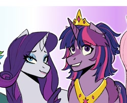 Size: 1233x1000 | Tagged: safe, artist:slapearl, rarity, twilight sparkle, alicorn, pony, unicorn, g4, alternate design, blue eyeshadow, bust, cropped, duo, duo female, eyeshadow, female, front view, golden tiara, gradient background, grin, horn, jewelry, lesbian, lips, lipstick, makeup, narrowed eyes, pink lipstick, purple coat, purple mane, purple tail, ship:rarilight, shipping, smiling, tail, tiara, twilight sparkle (alicorn)