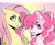 Size: 1233x1000 | Tagged: safe, artist:slapearl, fluttershy, pinkie pie, earth pony, pegasus, pony, g4, alternate design, alternate hair color, alternate mane color, duo, duo female, female, food, gradient background, hat, lips, mare, multicolored mane, party hat, pink coat, smiling, sprinkles, yellow coat