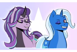 Size: 1800x1200 | Tagged: safe, artist:slapearl, starlight glimmer, trixie, pony, unicorn, g4, alternate design, blue eyeshadow, duo, duo female, eyeshadow, female, gradient background, grin, horn, lesbian, lips, looking at someone, makeup, mare, navy eyeshadow, one eye closed, passepartout, ship:startrix, shipping, smiling, wink