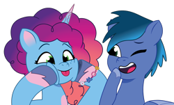 Size: 1240x749 | Tagged: safe, artist:prixy05, misty brightdawn, oc, oc:navy soarblaze, pegasus, pony, unicorn, g5, my little pony: tell your tale, :p, canon x oc, commission, commissioner:devcup, duo, duo female, female, horn, laughing, lesbian, mare, rebirth misty, ship:soardawn, shipping, simple background, squishy cheeks, tongue out, transparent background, vector