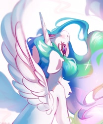 Size: 1707x2048 | Tagged: safe, artist:vanilla-chan, princess celestia, alicorn, pony, g4, blushing, cute, cutelestia, female, horn, mare, solo, spread wings, wings