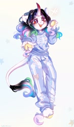 Size: 1200x2048 | Tagged: oc name needed, safe, artist:vanilla-chan, oc, oc only, unicorn, anthro, unguligrade anthro, blushing, clothes, curved horn, female, frog (hoof), hoofbutt, horn, leonine tail, open mouth, open smile, pajamas, smiling, solo, tail, underhoof, unicorn oc