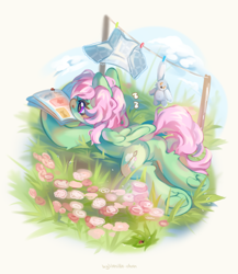 Size: 3200x3688 | Tagged: safe, artist:vanilla-chan, oc, oc only, oc:spectral wind, insect, ladybug, pegasus, pony, blushing, commission, featureless crotch, female, flower, folded wings, grass, high res, lying down, mare, outdoors, pegasus oc, prone, reading, solo, sploot, tail, underhoof, wings, ych result