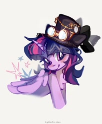 Size: 1800x2200 | Tagged: safe, artist:vanilla-chan, twilight sparkle, alicorn, pony, g4, blushing, chest fluff, female, folded wings, hat, horn, looking at you, mare, smiling, smiling at you, solo, steampunk, twilight sparkle (alicorn), wings