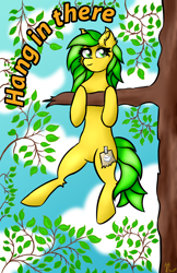 Size: 2100x3240 | Tagged: safe, artist:twinky, oc, oc only, pony, cloud, ear fluff, female, green mane, hang in there, hanging, leaf, mare, outdoors, solo, tree, tree branch