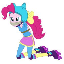 Size: 2000x2000 | Tagged: safe, artist:nie-martw-sie-o-mnie, pinkie pie, human, equestria girls, g4, my little pony equestria girls: friendship games, bondage, cloth gag, female, femsub, gag, helmet, knee pads, kneeling, pinkiesub, roller skates, rope, rope bondage, simple background, skates, solo, sports outfit, submissive, tied up, transparent background