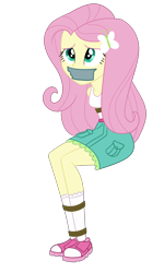 Size: 1500x2495 | Tagged: safe, artist:nie-martw-sie-o-mnie, fluttershy, equestria girls, g4, my little pony equestria girls: legend of everfree, bondage, bound and gagged, butterfly hairpin, clothes, female, femsub, fluttersub, gag, rope, rope bondage, simple background, sitting, skirt, submissive, tape, tape gag, tied up, transparent background